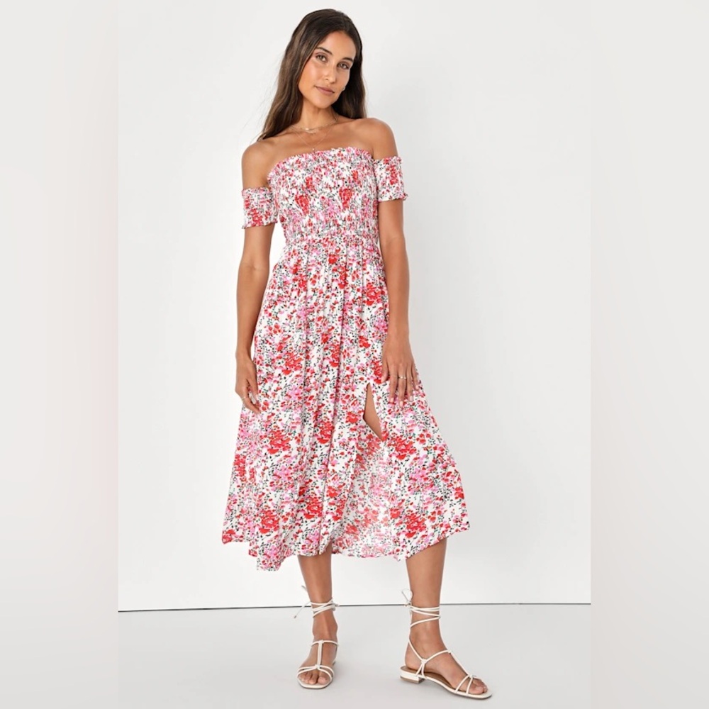 Lulu's View from the Meadow Cream Floral Print Off-the-Shoulder Dress